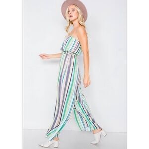 Anthropologie Le Lis Green Blue Striped Strapless Wide Leg Jumpsuit Pantsuit
